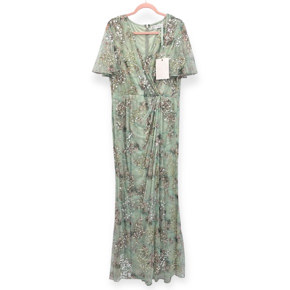Mac Duggal NEW Seamist Green Embellished Butterfly Sleeve Faux Wrap Gown Size 16 - Picture 3 of 13